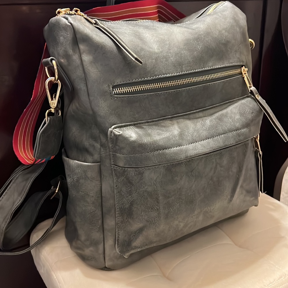 Gray Leather Convertible Backpack - image 3